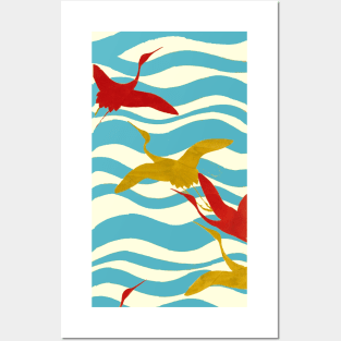 RED YELLOW FLYING CRANES ON WHITE BLUE OCEAN WAVES Posters and Art